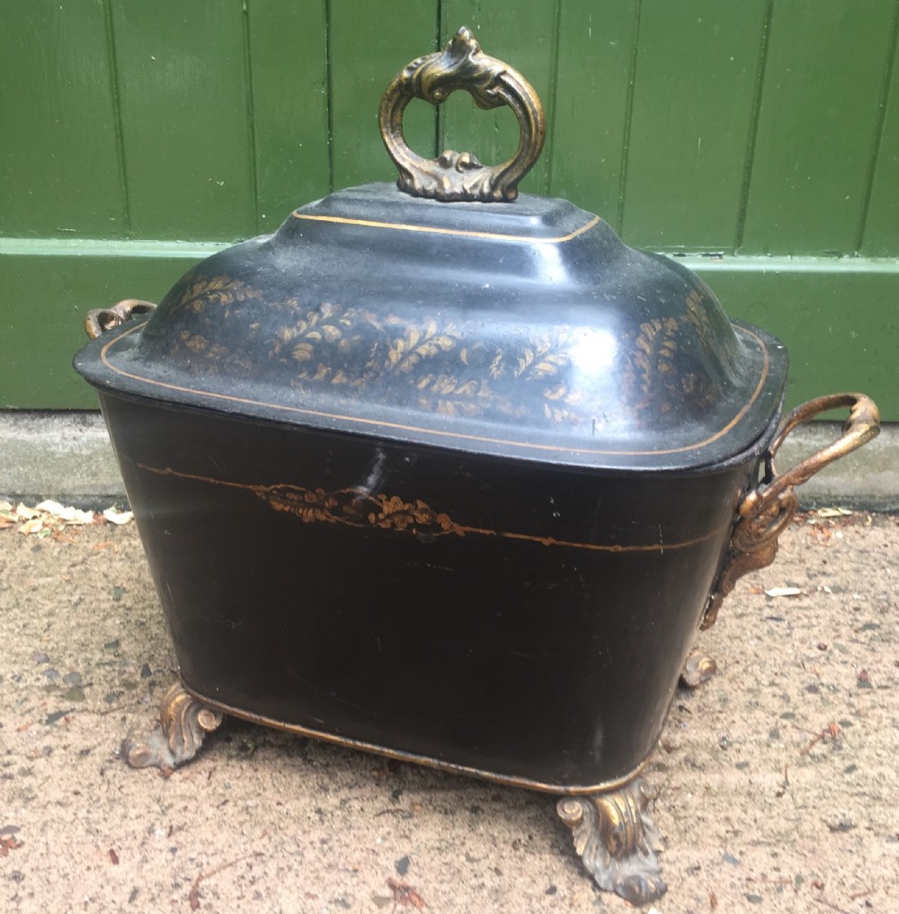 mid c19th english 'tolepeinte' japanned fireside coalbox or purdonium