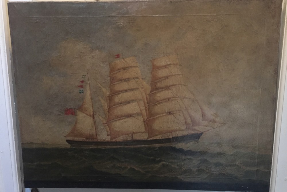 c19th signed marine oil painting on canvas study of a merchant or trading ship in full sail with interesting inscription