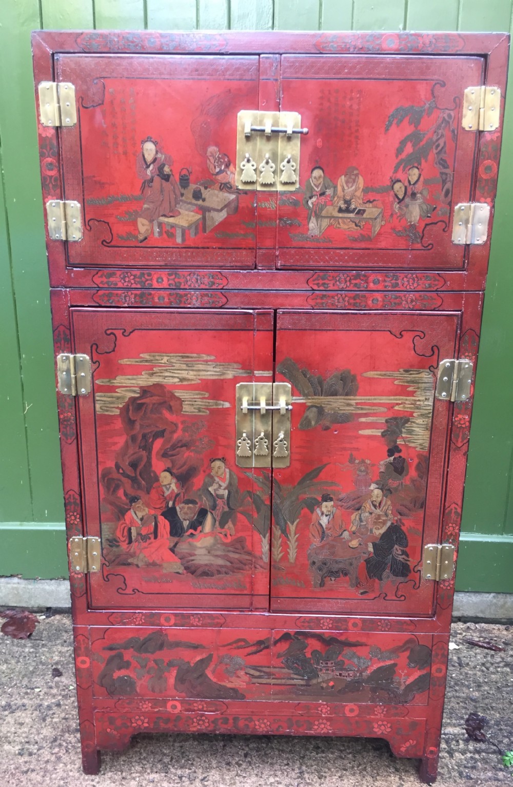 late c19thearly c20th chinese red lacquer decorated 4door cupboard or cabinet