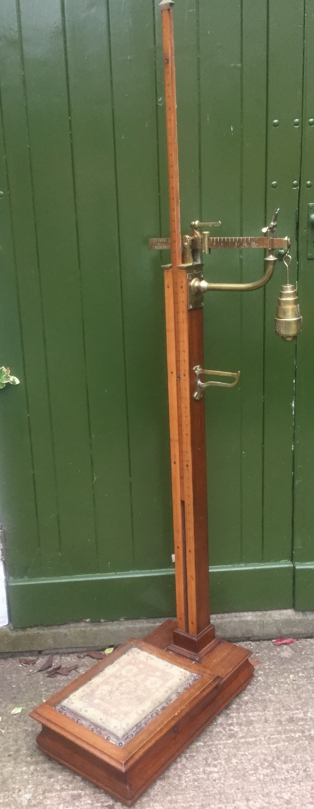 a set of late victorian or edwardian oak and brass floorstanding scales by w t avery ltd birmingham
