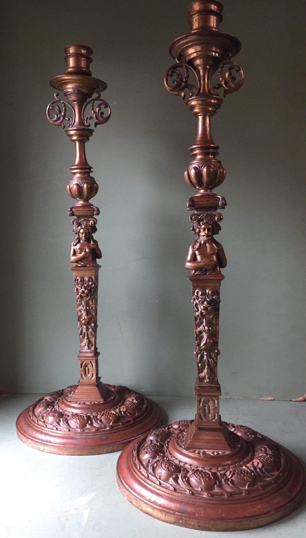large pair of c19th cast bronze candlesticks in the mannerist late renaissance style