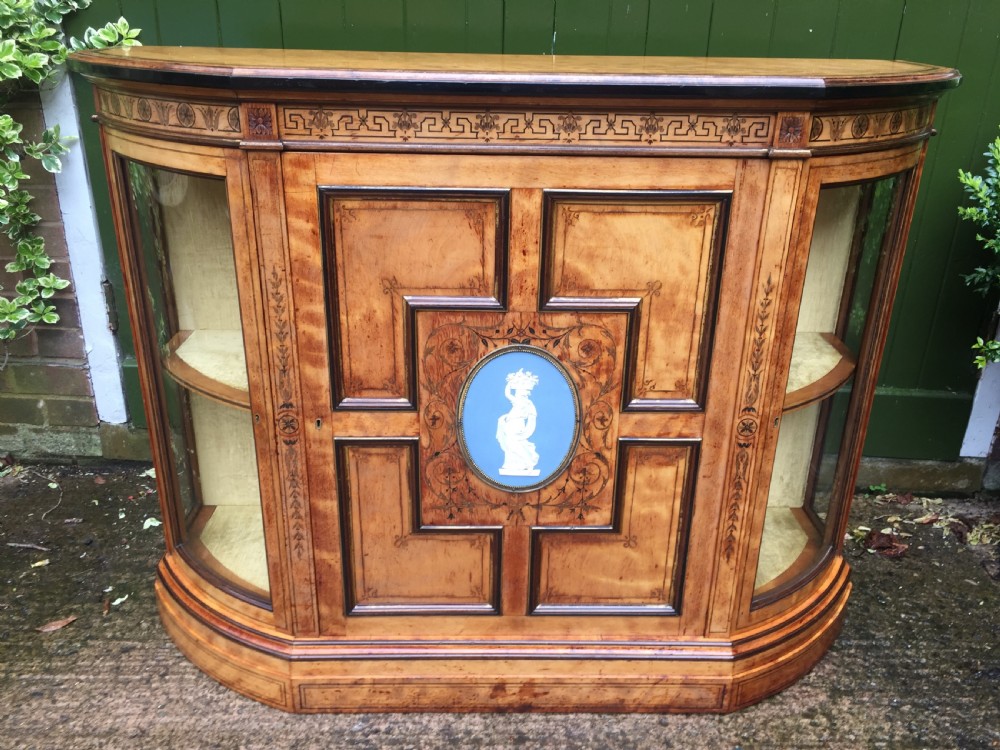 fine quality signed c19th satinbirch side cabinet or credenza with inlay in the manner of owen jones