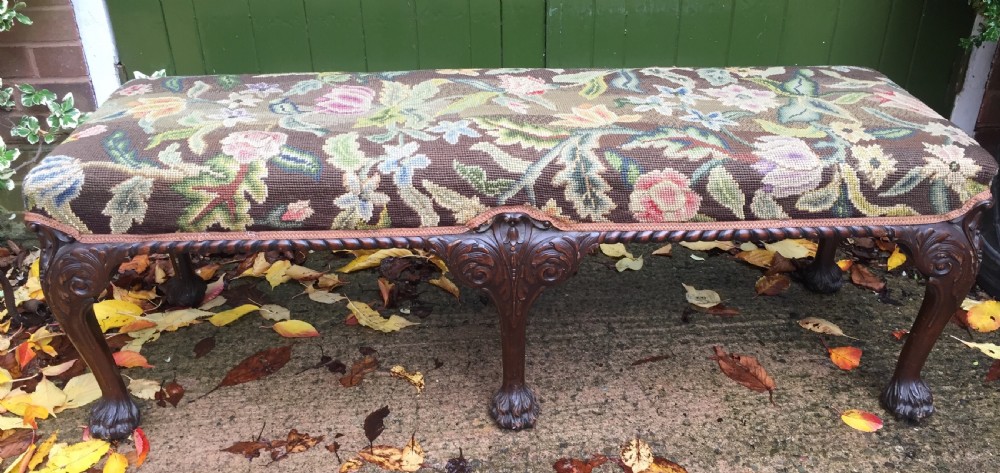 late c19th george ii period style carved mahogany stool or windowseat with needlework tapestry covered top