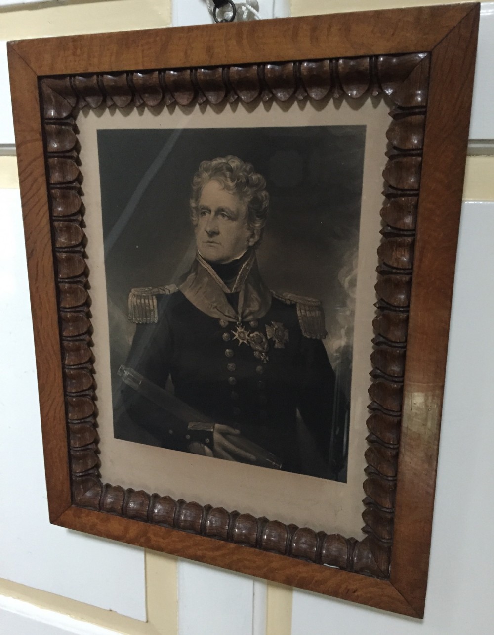 documentary and decorative c19th portrait engraving of admiral sir charles rowley bt in original oak frame