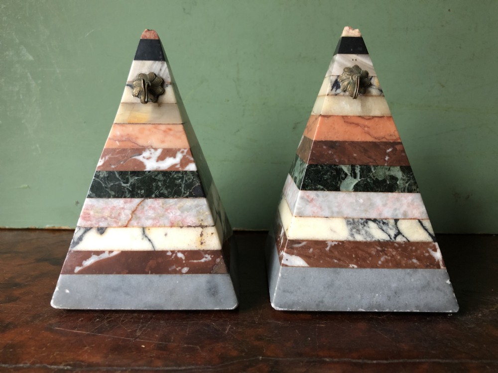 pair of mid c19th italian specimen marble desktop paperweights pocketwatch stands of pyramid form