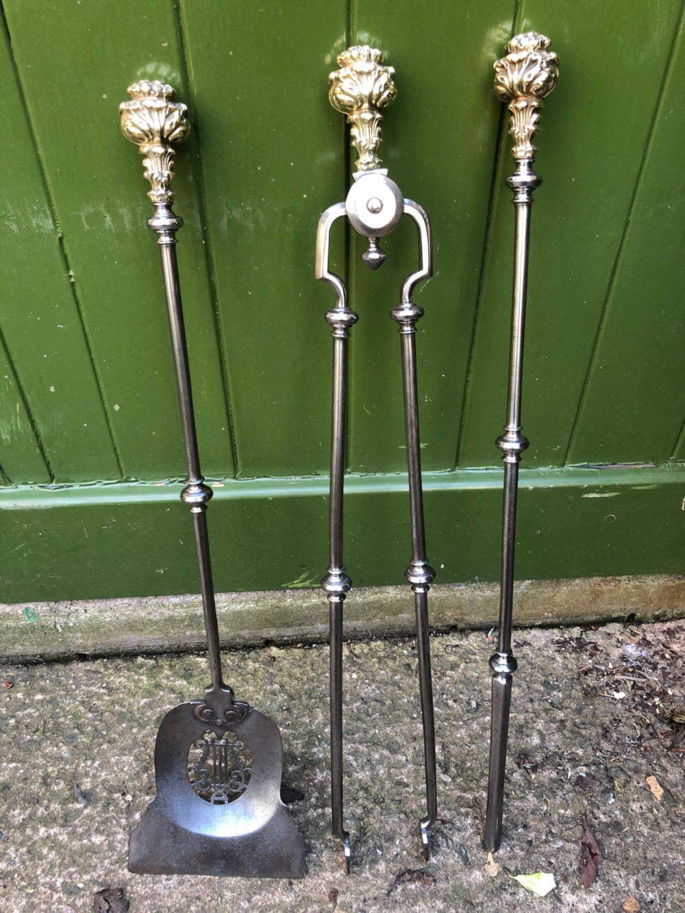 superb quality set of 3 early c19th regency period steel and brass fireirons or tools