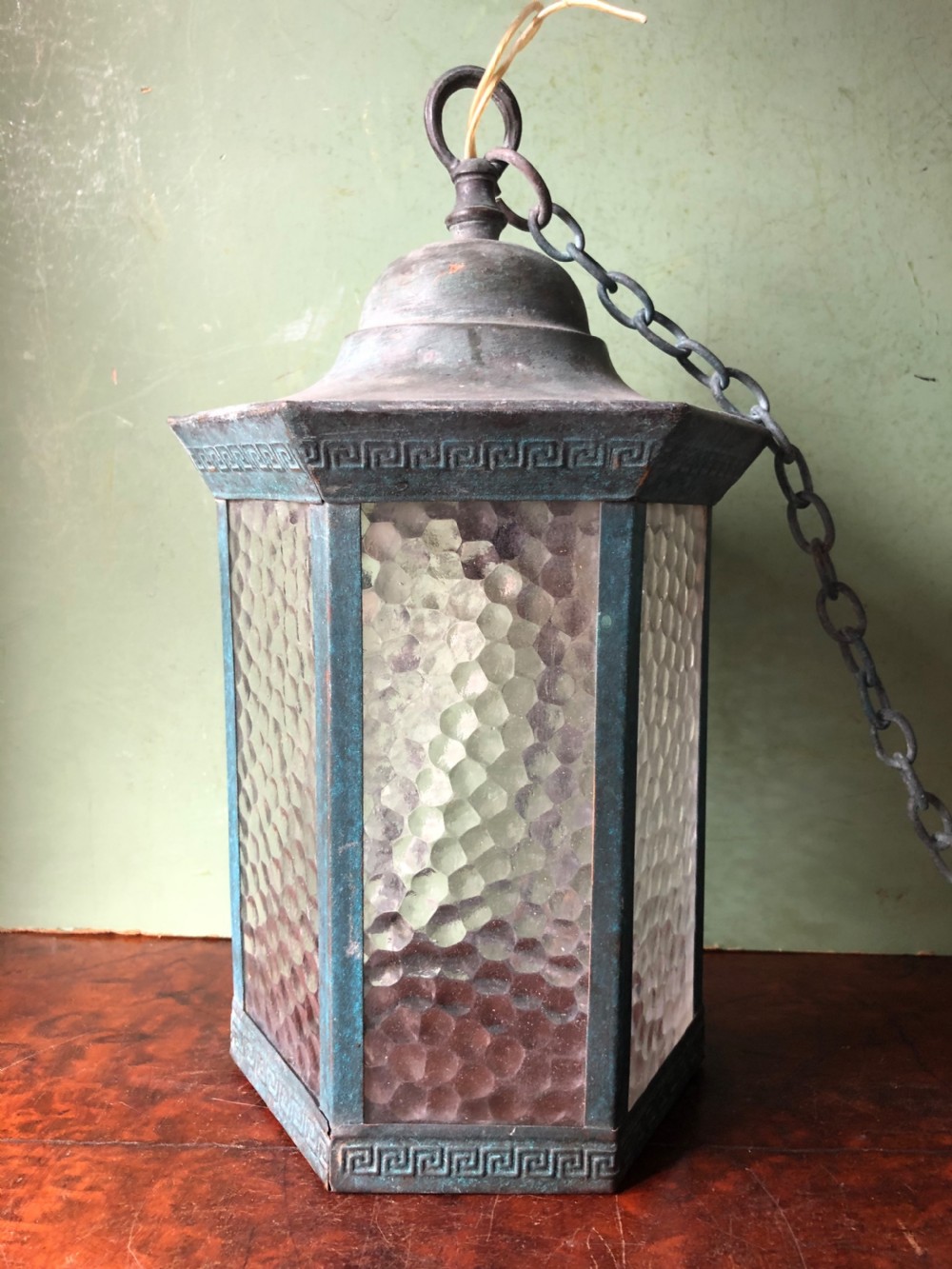 late c19th early c20th verdigris copper and brass hexagonal hanging porch or hall lantern