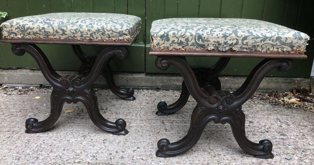 pair of early c19th william iv period carved rosewood stools of xframe form