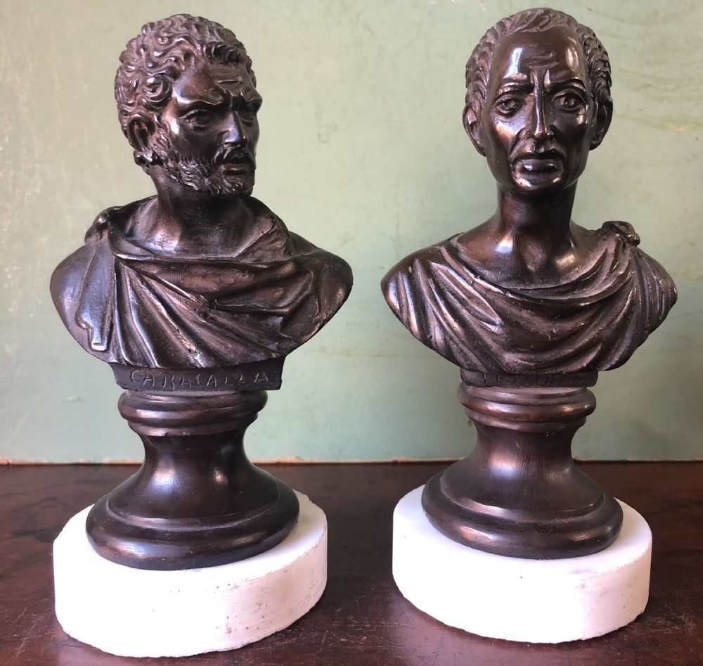 pair of c19th italian bronze grand tour souvenir bust studies of the roman emperors caracalla and julius caesar