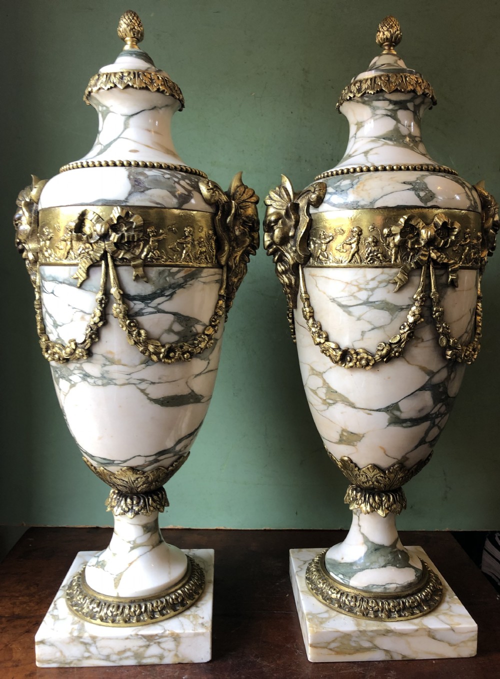 impressive large scale pair of late c19th french ormolu mounted marble vases or cassolettes in the louis xvi style