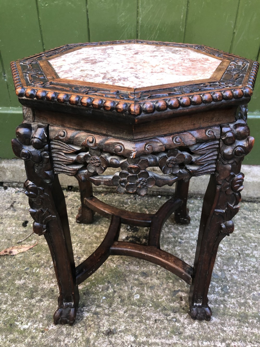 late c19th chinese qing dynasty carved hardwood inset rouge marble top low stand