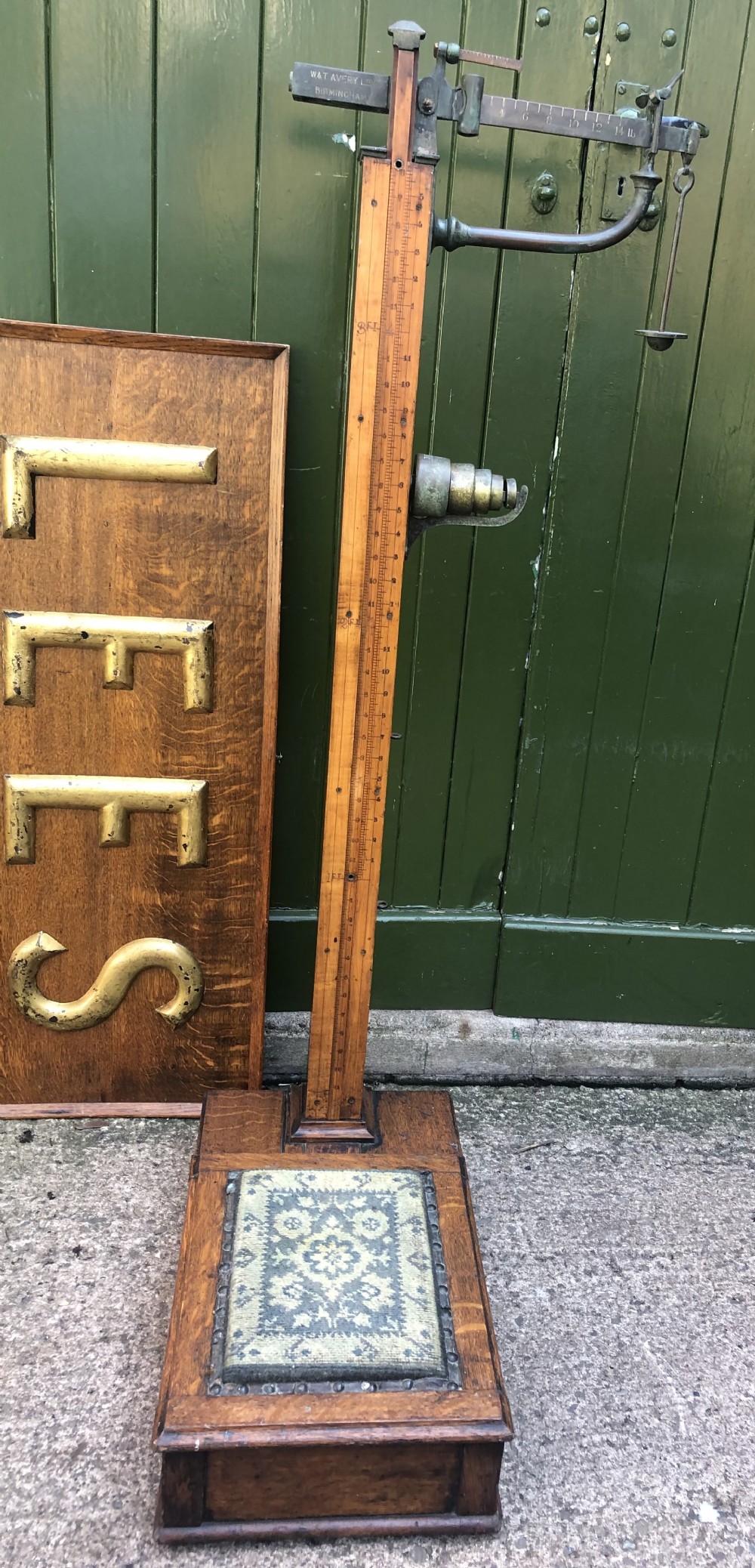 set of late c19th early c20th edwardian period oak and brass weighing and height measurement scales by w t avery