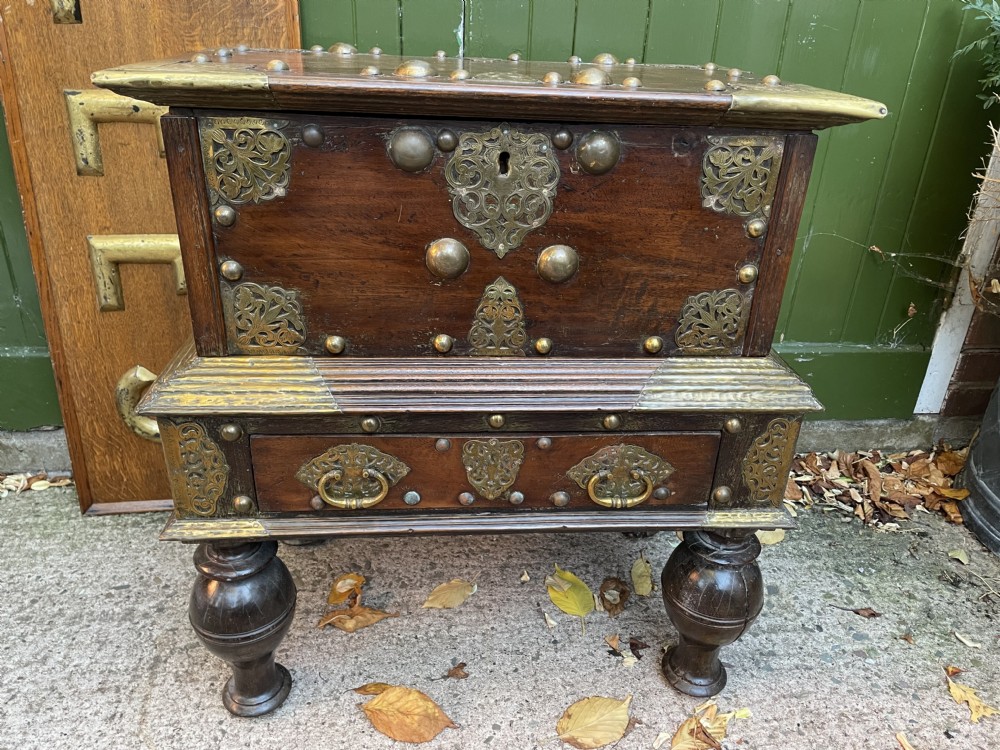 c18th dutch east indies colonial brassmounted teak coffer on stand