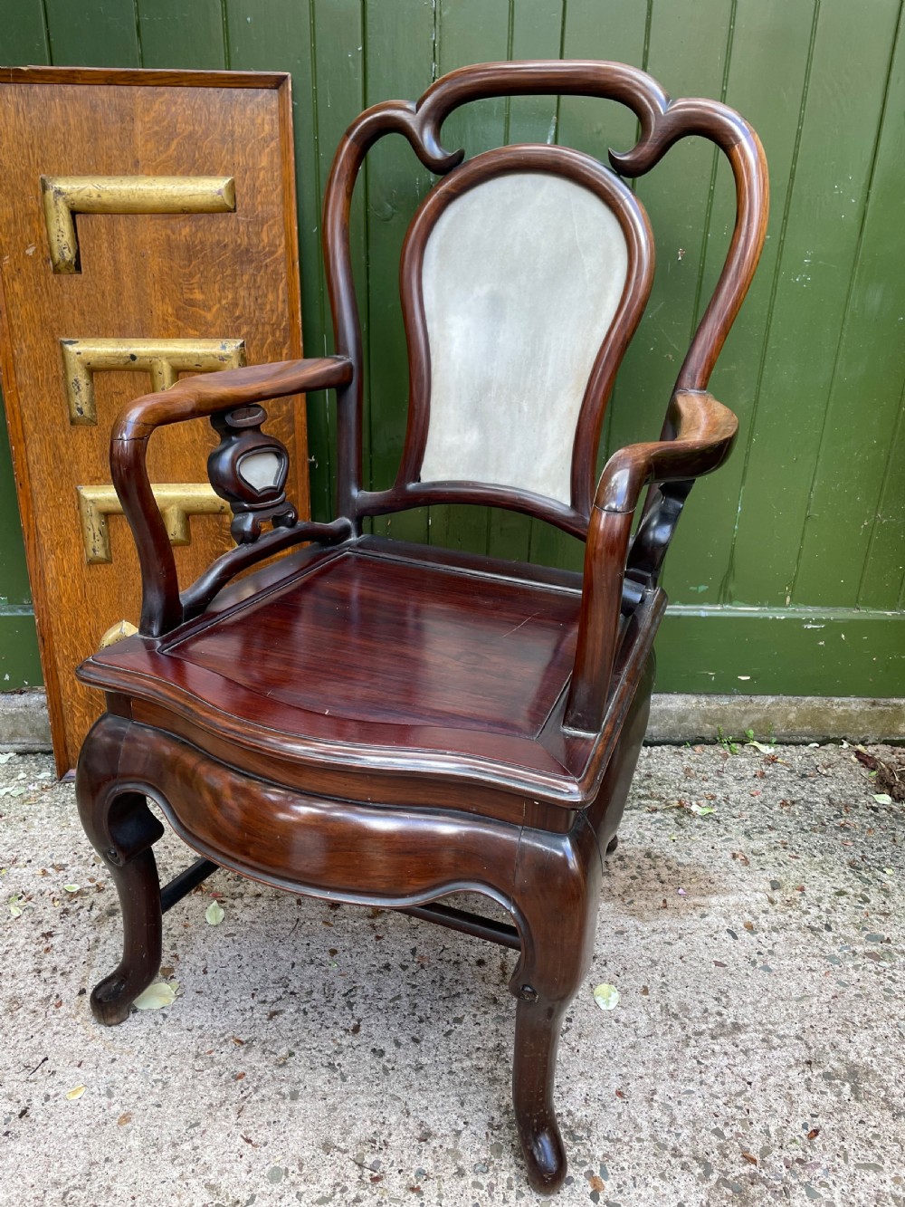 late c19th chinese qing dynasty carved hardwood throne or armchair with marble panels