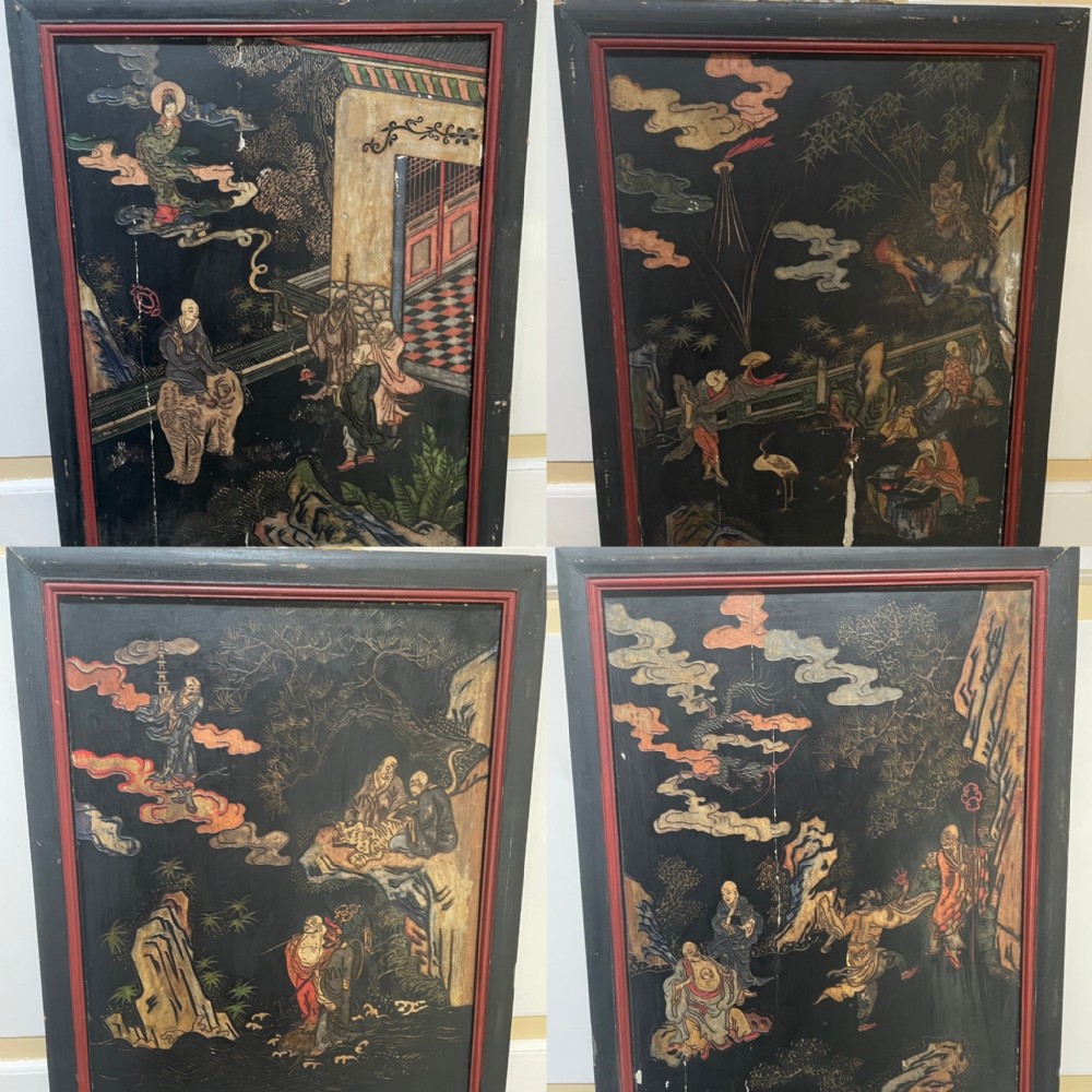 set of four decorative c19th chinese framed lacquer panels in the style of c18th chinese export bantam or coromandel work