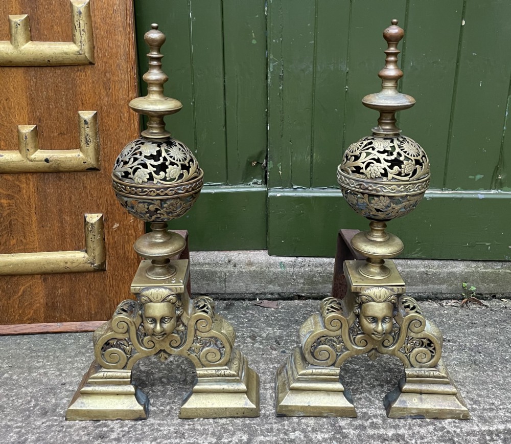 pair of mid c19th baroque period style brass andirons