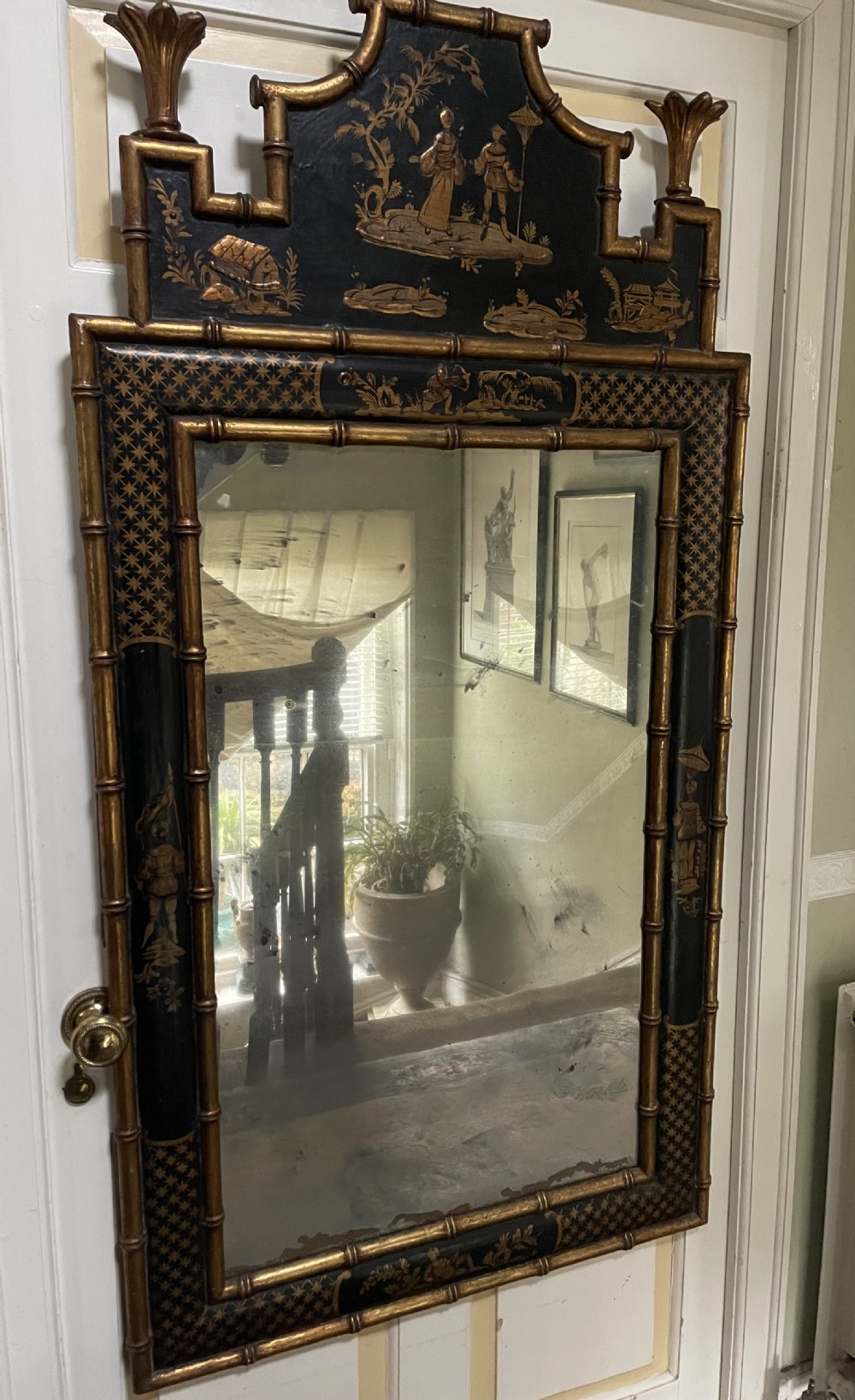 highly decorative early c20th chinoiserie style black lacquer and gilt carved faux bamboo framed wall mirror