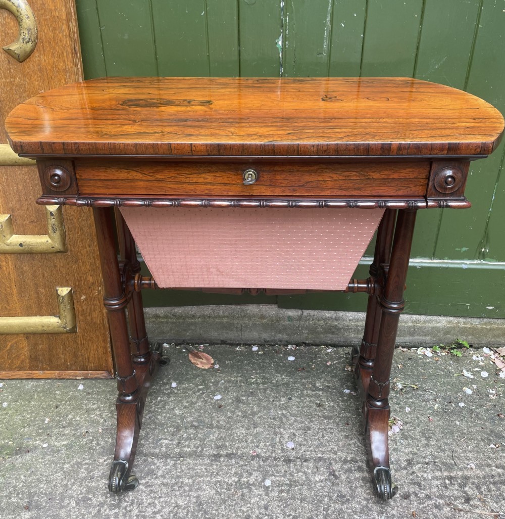 early c19th george iv period figured rosewood sewing or worktable in the manner of gillows of lancaster