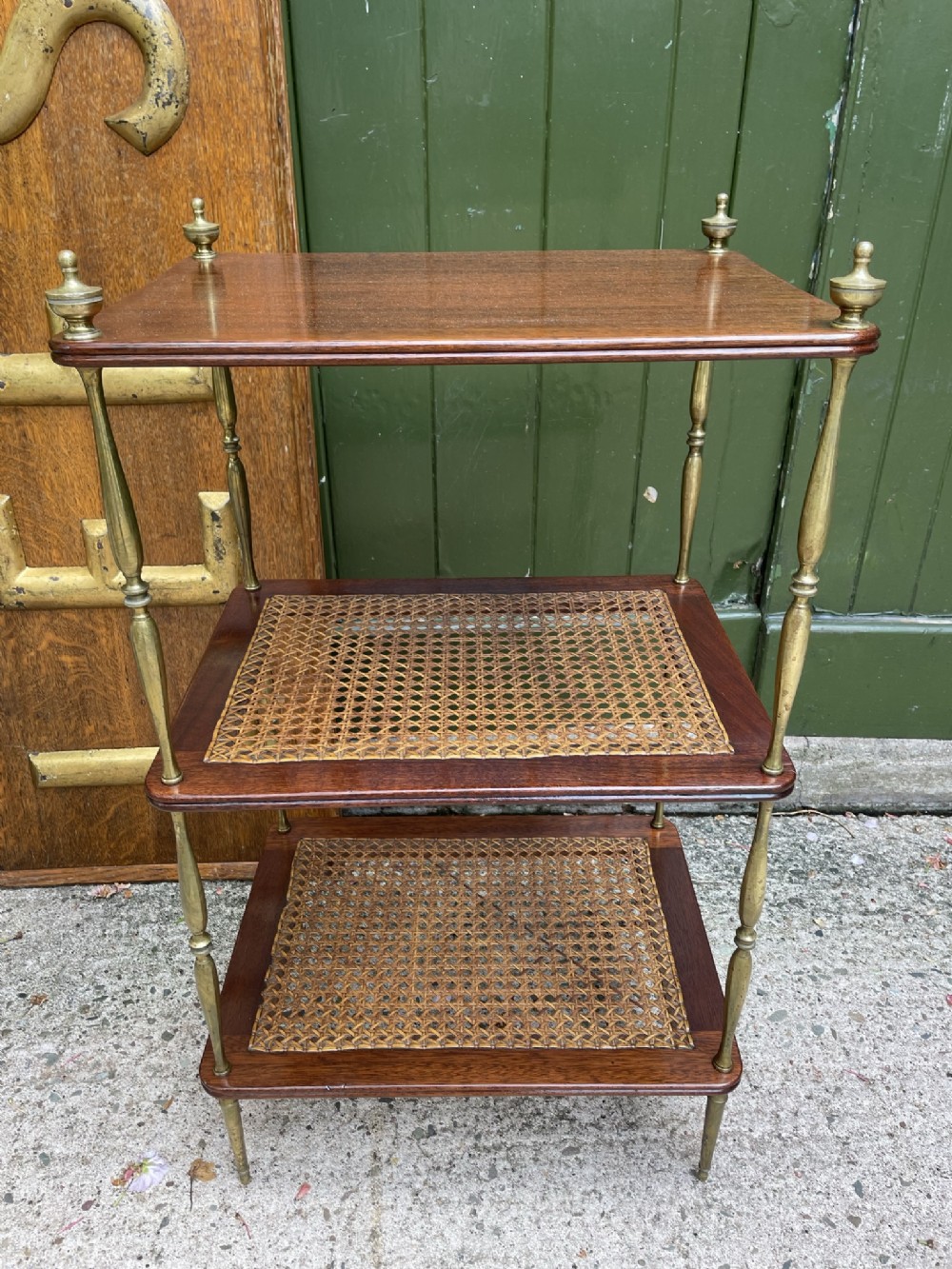 late c19th early c20th mahogany cane and brass threetier etagere