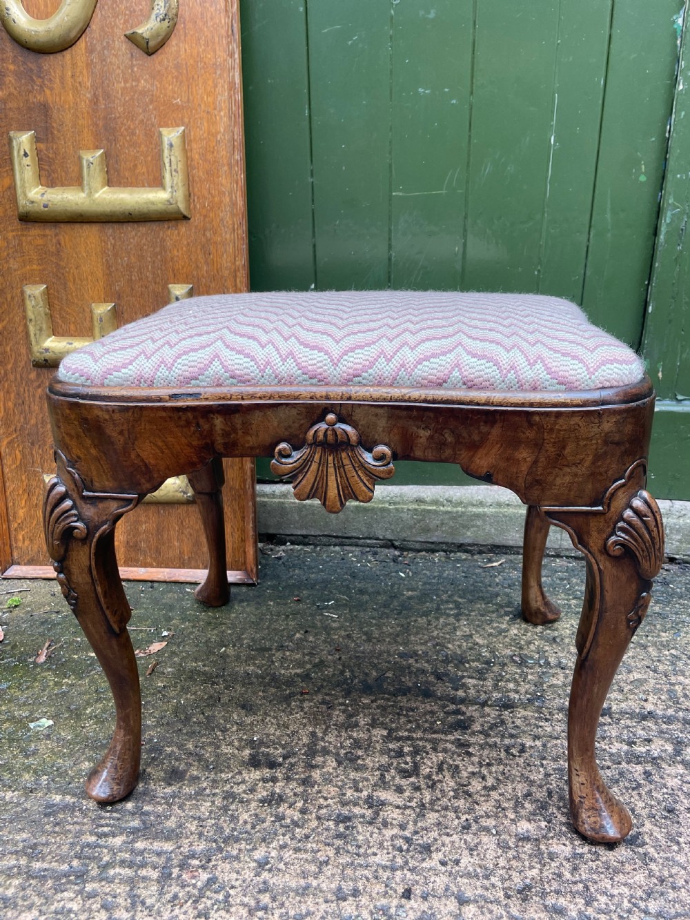 early c20th queen anne period revival carved walnut stool on cabriole legs