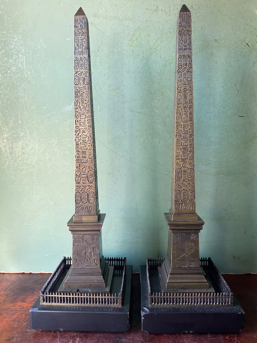 pair of c19th french grand tour souvenir bronze reductions of the luxor obelisk