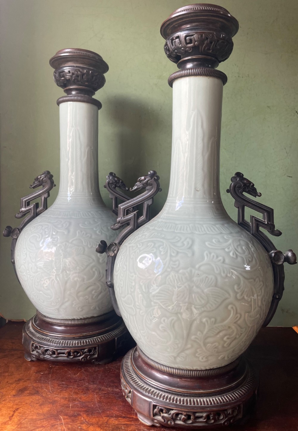 pair of c19th french celadon porcelain chinese style bronzemounted lamps