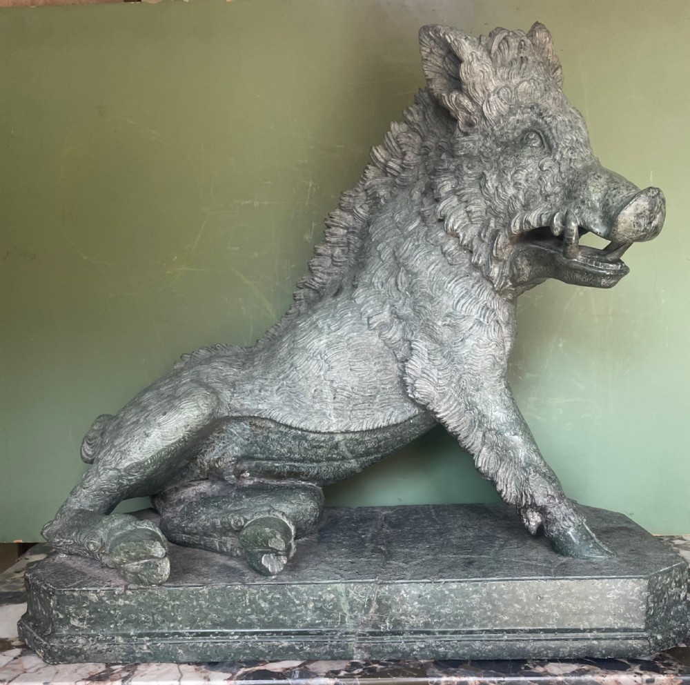 large scale c19th italian grand tour souvenir carved prato verde serpentine marble sculpture reduction copy after the antique known as il porcellino or the uffizi boar
