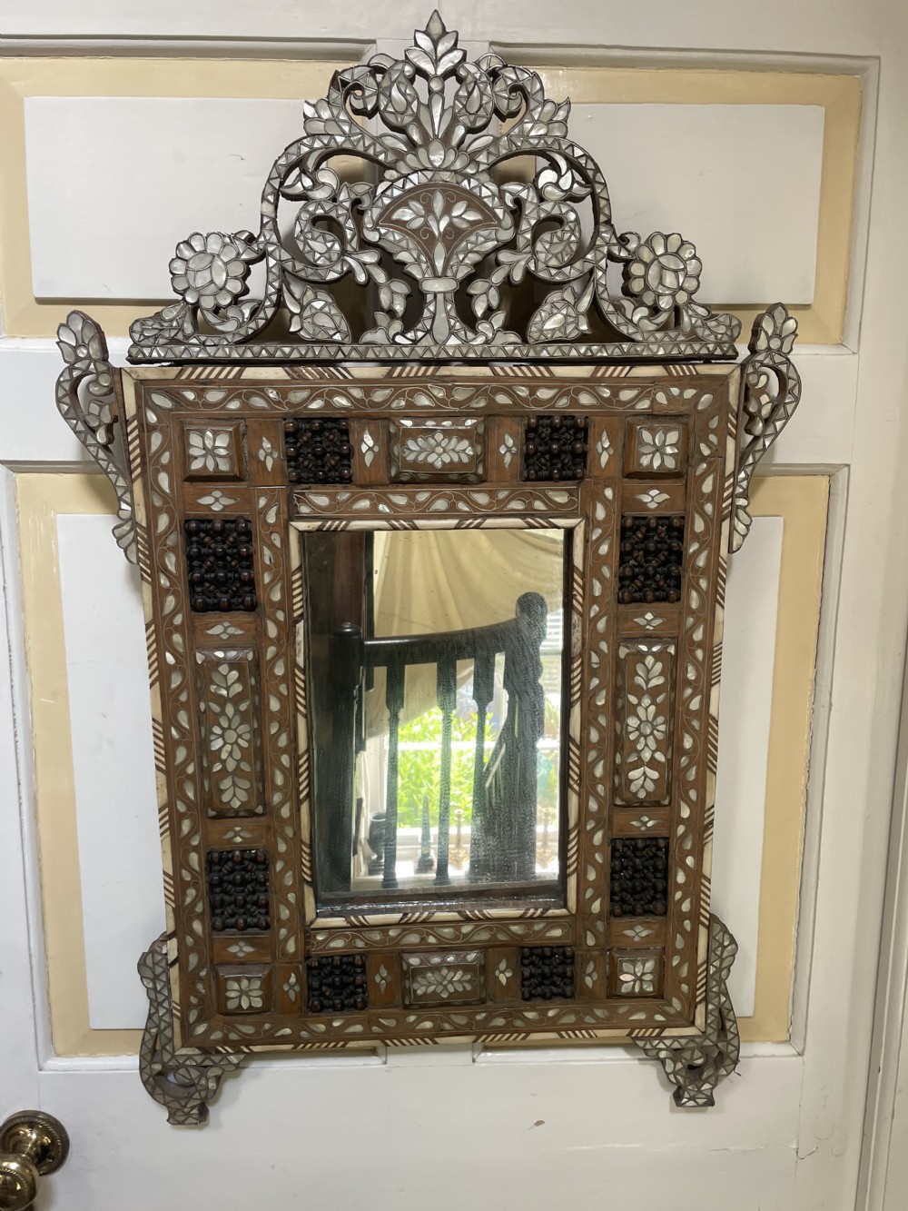 late c19th early c20th syrian or levantine nacreshell and bone inlaid walnut or fruitwood framed mirror