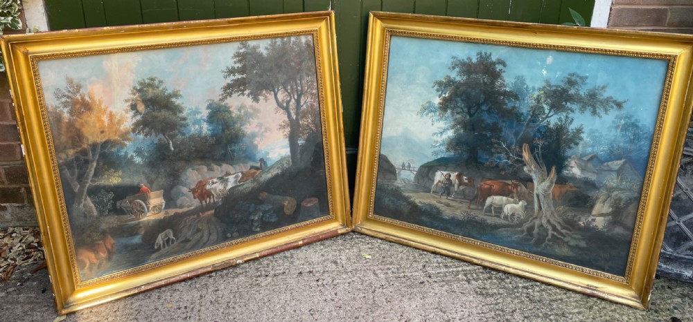 pair of finely executed large early c19th pastel paintings depicting bucolic pastoral country landscapes in original giltwood frames