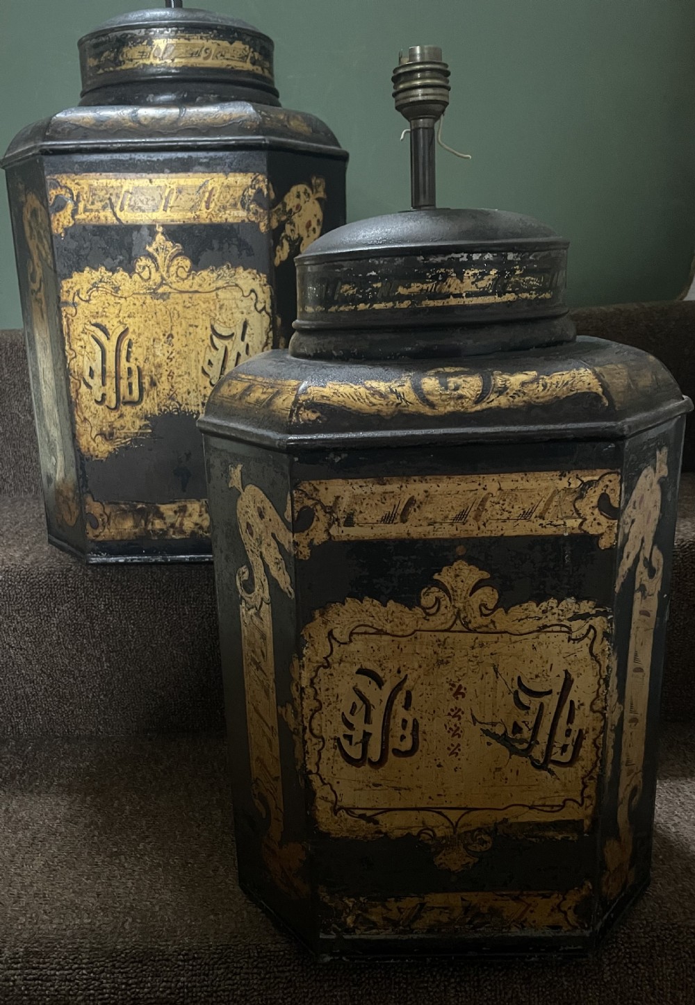 pair of decorative mid c19th black and gilt japanned tin teacanister lamp bases with chinese style gilded decoration