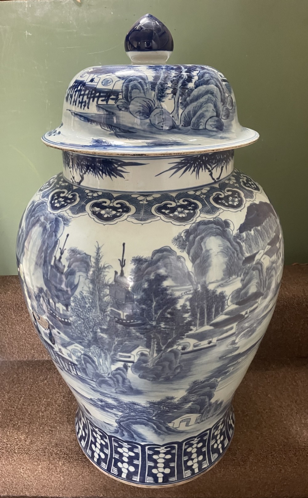 a large late c19th chinese qing dynasty blue and white porcelain vase and cover of c18th kangxi period design