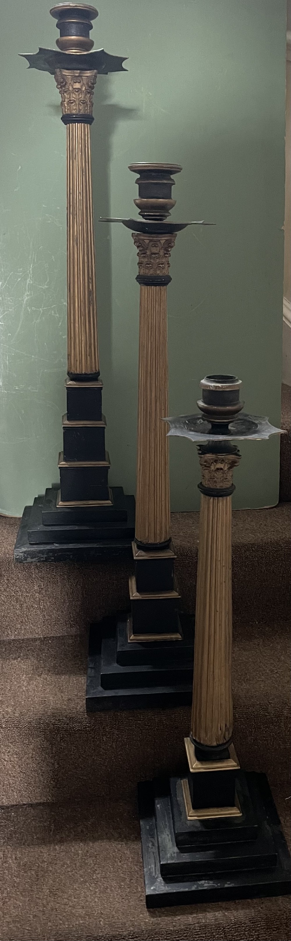 scarce set of 3 tall c19th graduated height decorated and painted brass corinthian column masonic candlesticks