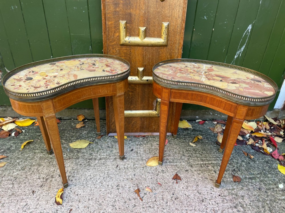 pair of early c20th french walnut and kingwood kidneyshaped low occasional or end tables with brass galleried marble tops