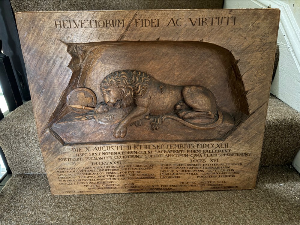large late c19th early c20th swiss or black forest relief carved walnut or linden wood panel depicting the lion of lucerne