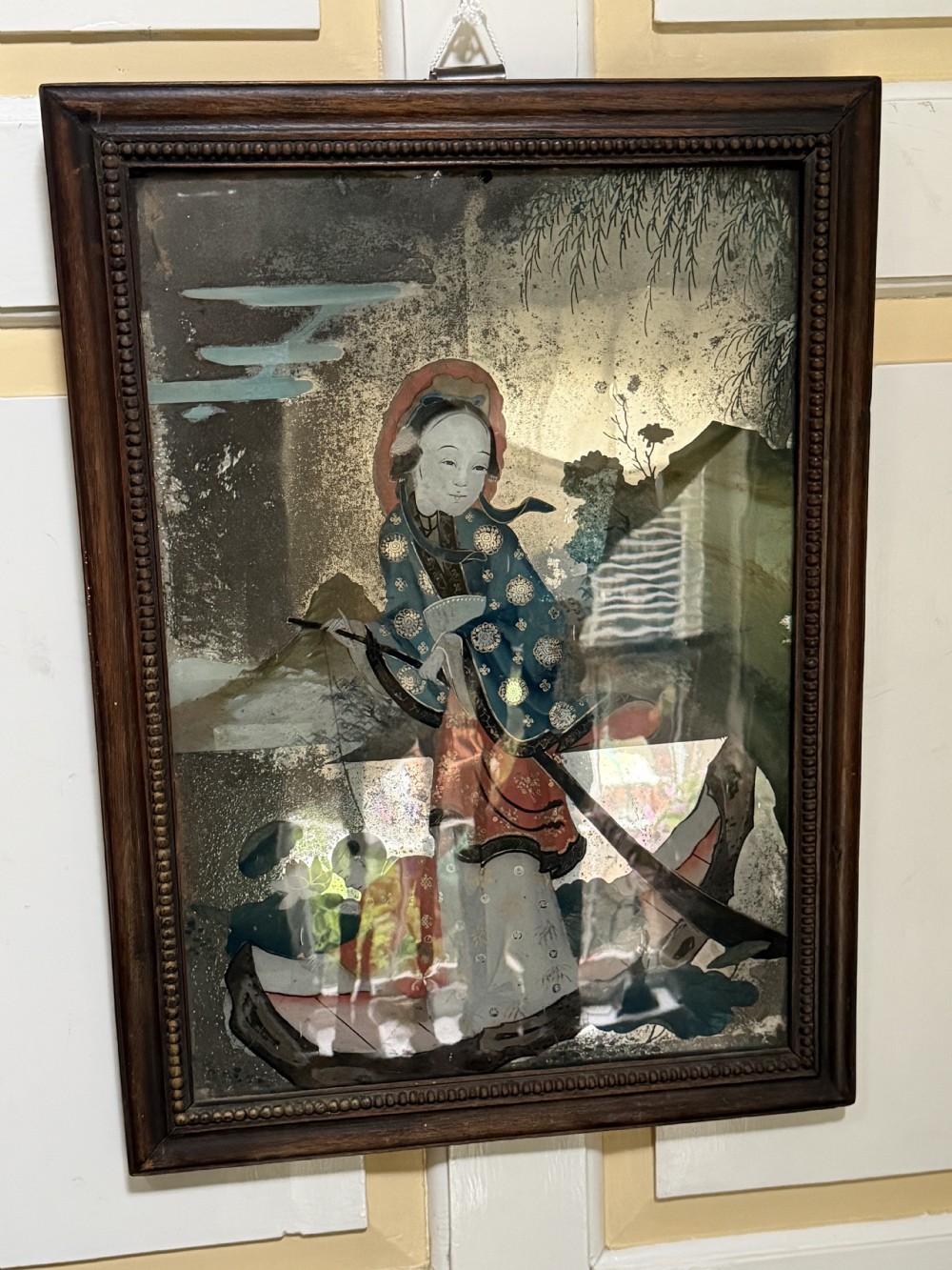 early c19th chinese export trade reverse painted mirrorglass picture