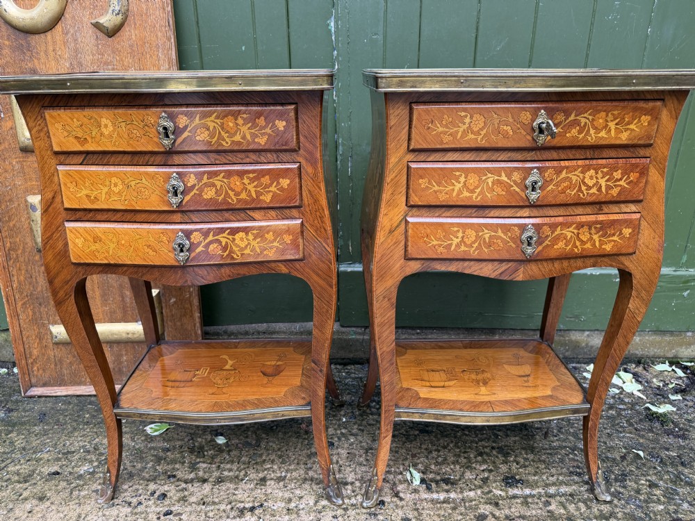 smart pair of late c19th early c20th french rosewood satinwood and kingwood marquetry tables in the c18th louis xvi period taste