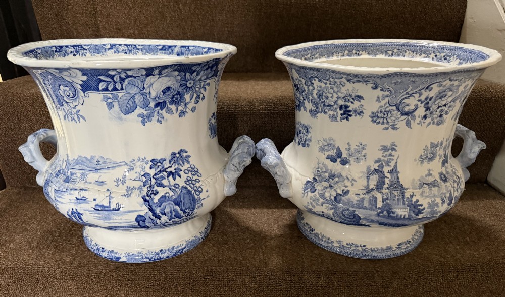 pair of mid c19th staffordshire blue and white transferprinted china cachepots or jardinires