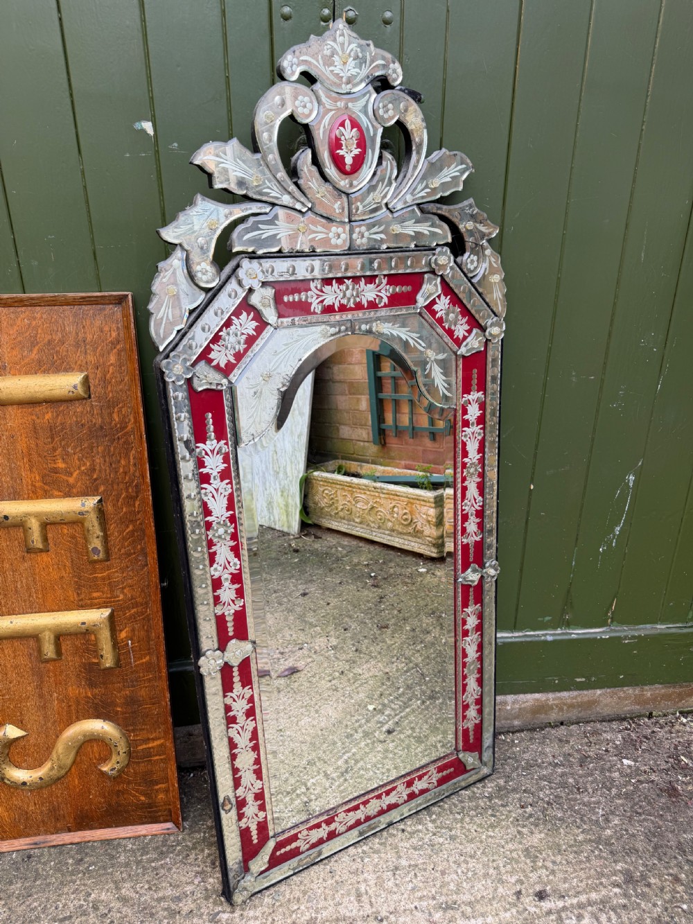 late c19th early c20th italian venetian cut and etched glass framed mirror with a ruby red border
