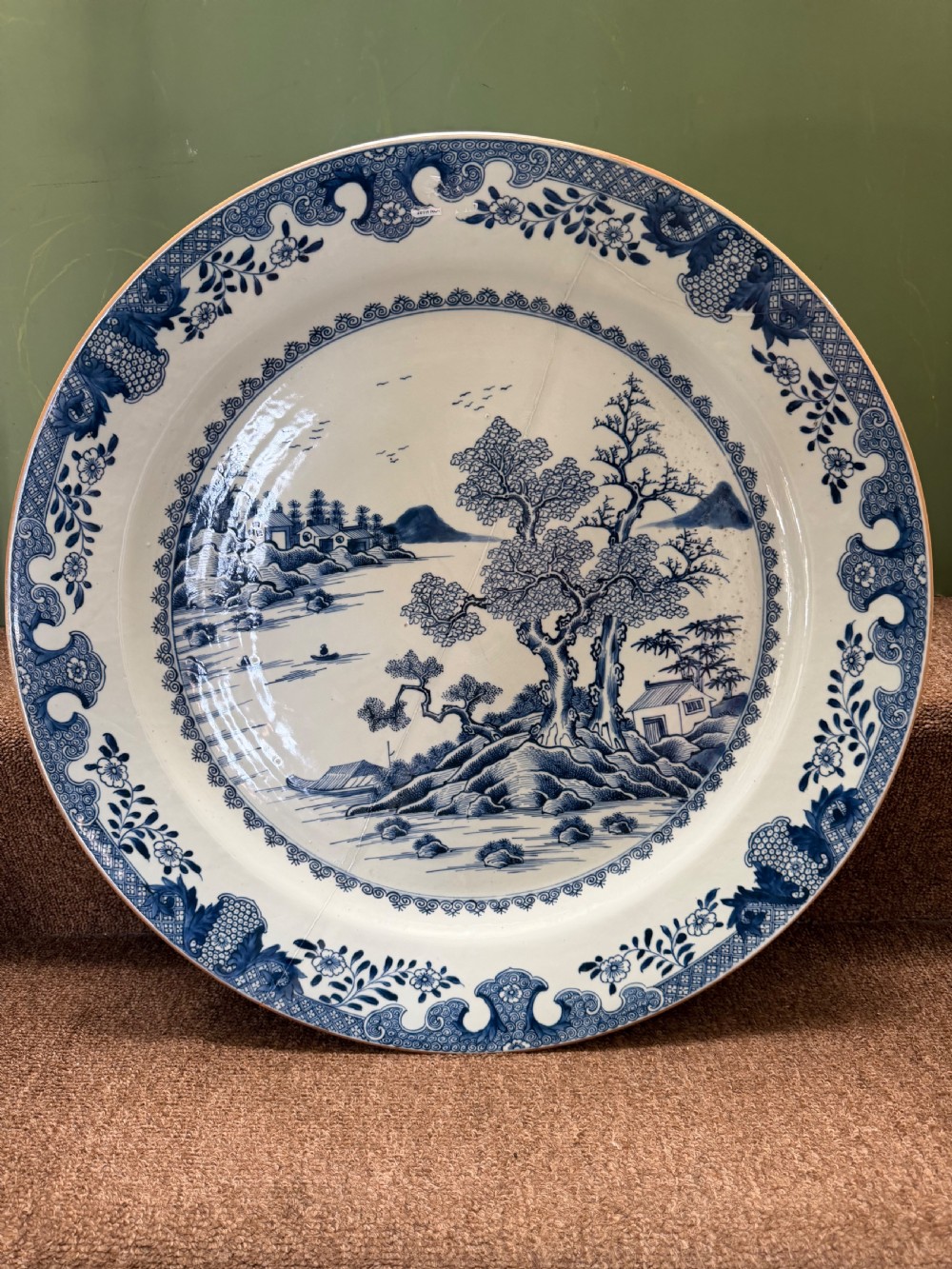 unusually large late c18th chinese export porcelain blue and white decorated dished charger