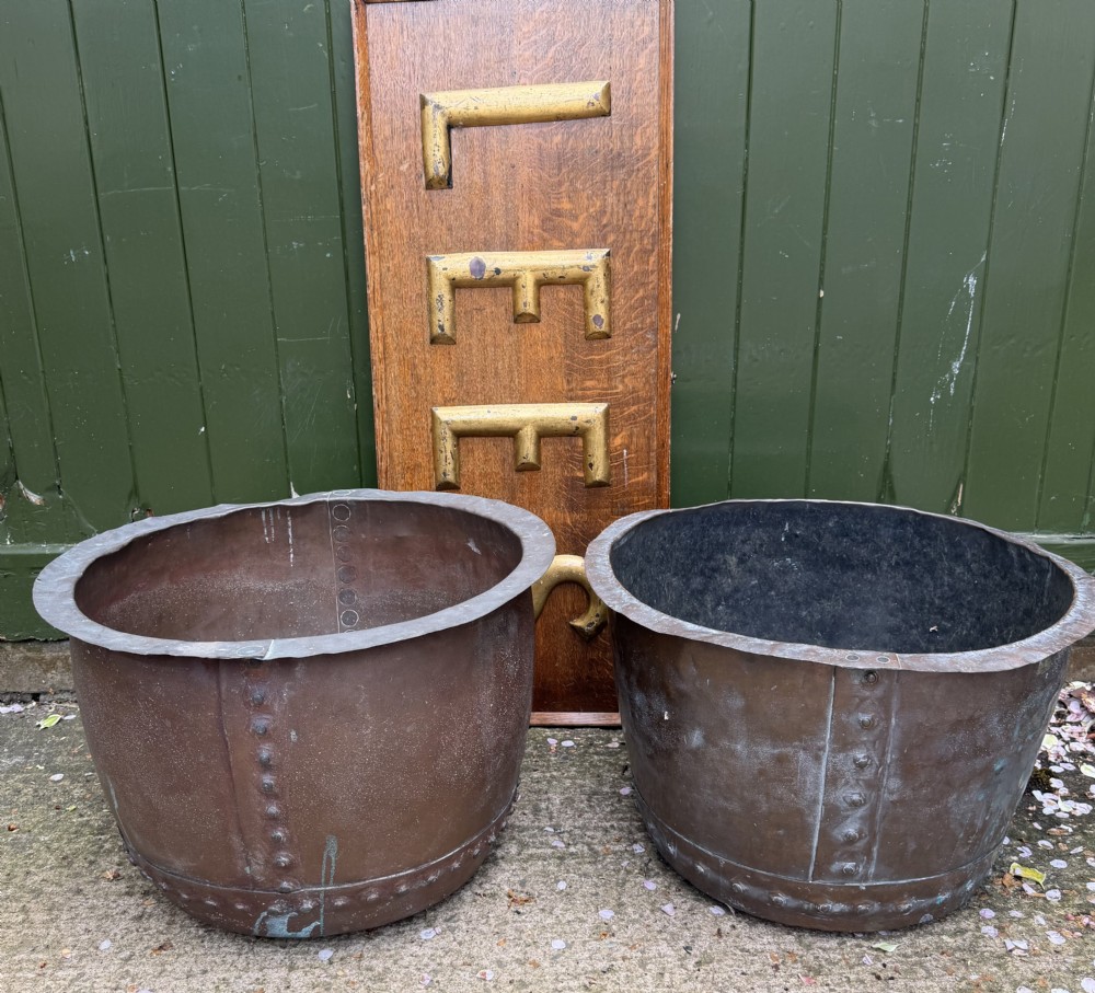 matched pair of c19th weathered copper coppers with good patina and verdigris surface