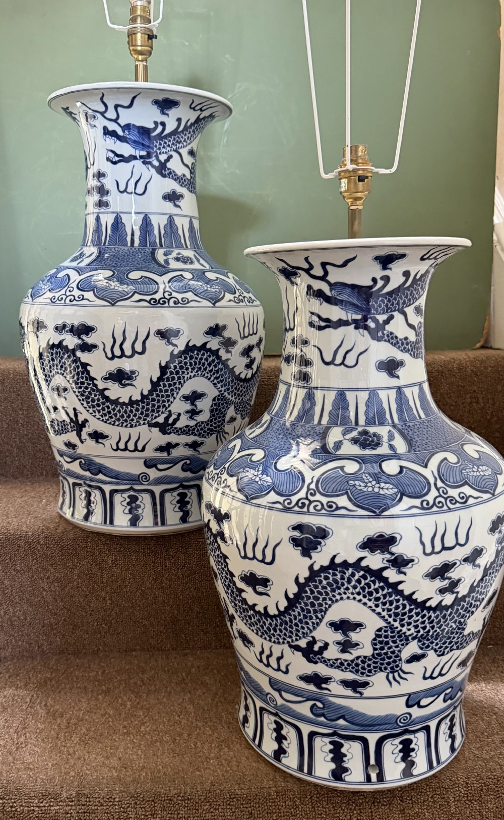 large pair of mid c20th chinese blueandwhite porcelain vase lamps of ming dynasty period design