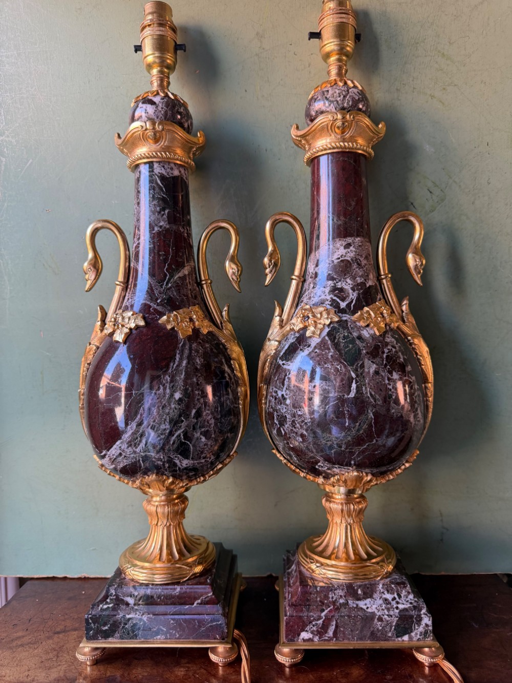 imposing pair of late c19th early c20th french ormolumounted rosso levanto marble lamps in the c18th louis xvi taste