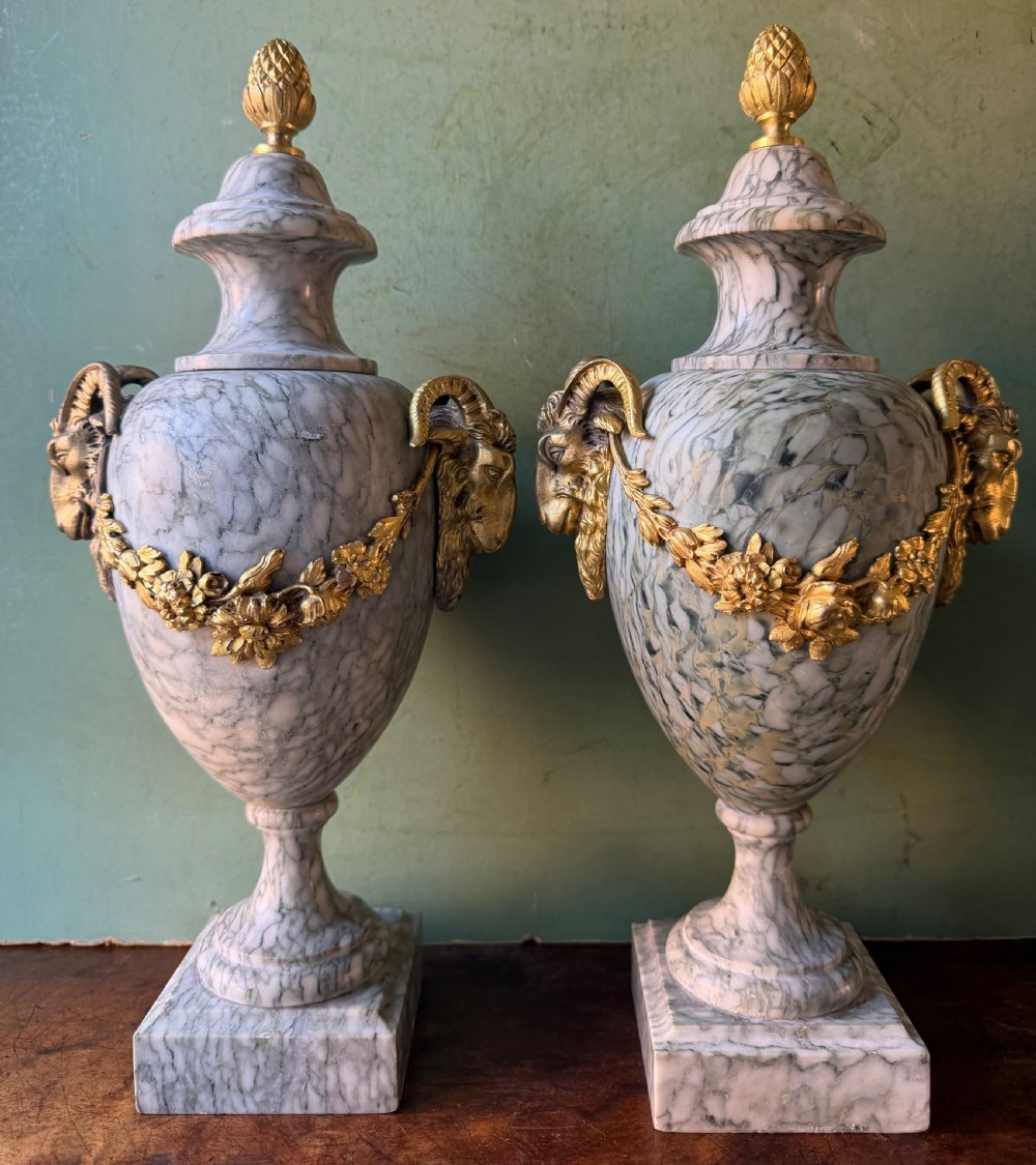 pair of late c19th early c20th french ormolu bronze mounted highlyfigured grey green veined campan vert marble vases of louis xvi period style