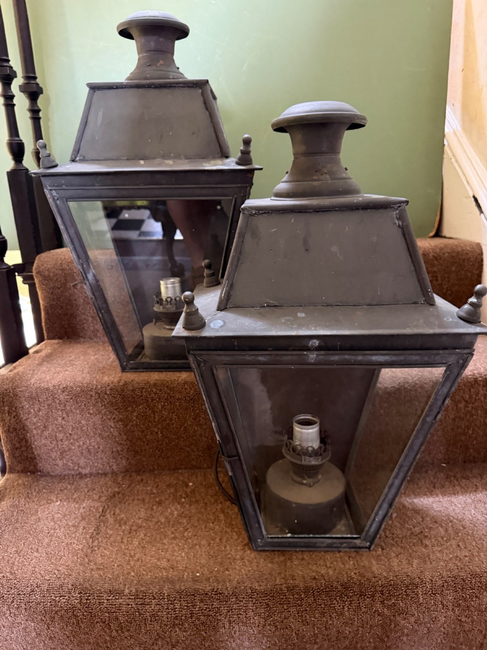 pair of late c19th early c20th verdigris patinated copper neoclassical design coachhouse style wall lanterns
