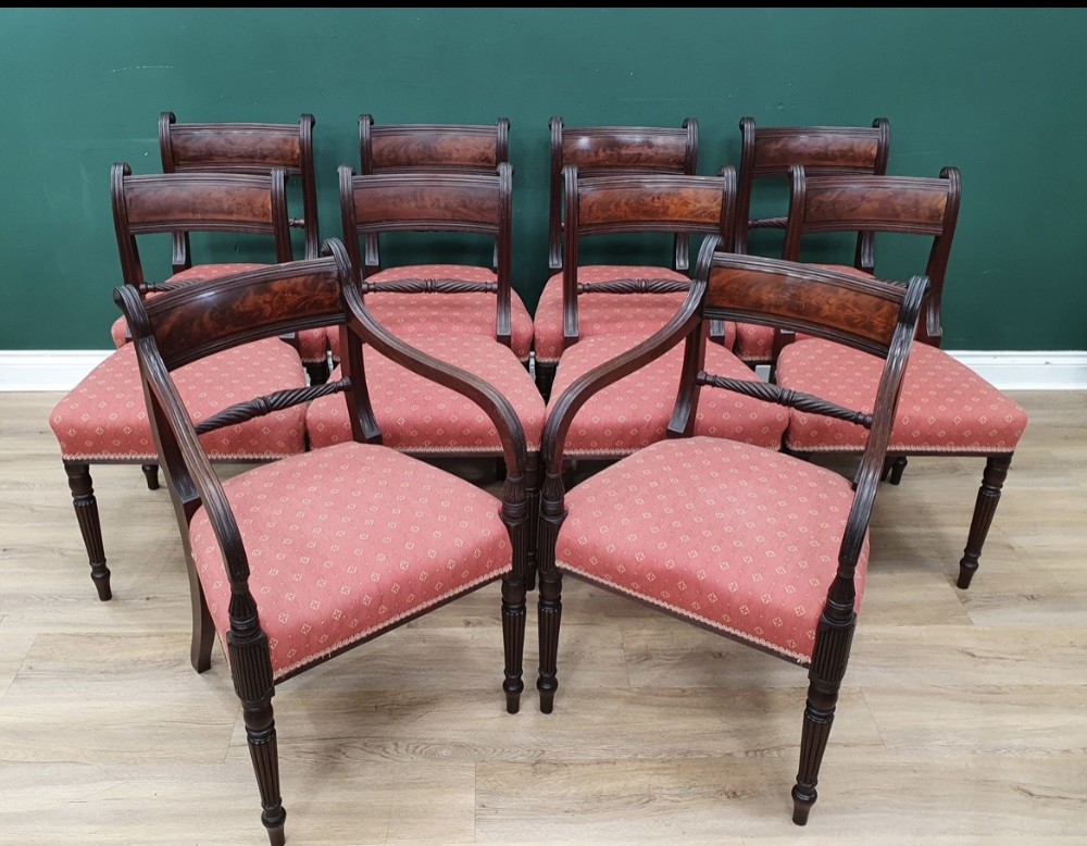 fine quality set of 10 8 singles 2 armchairs early c19th late george iii period mahogany dining chairs