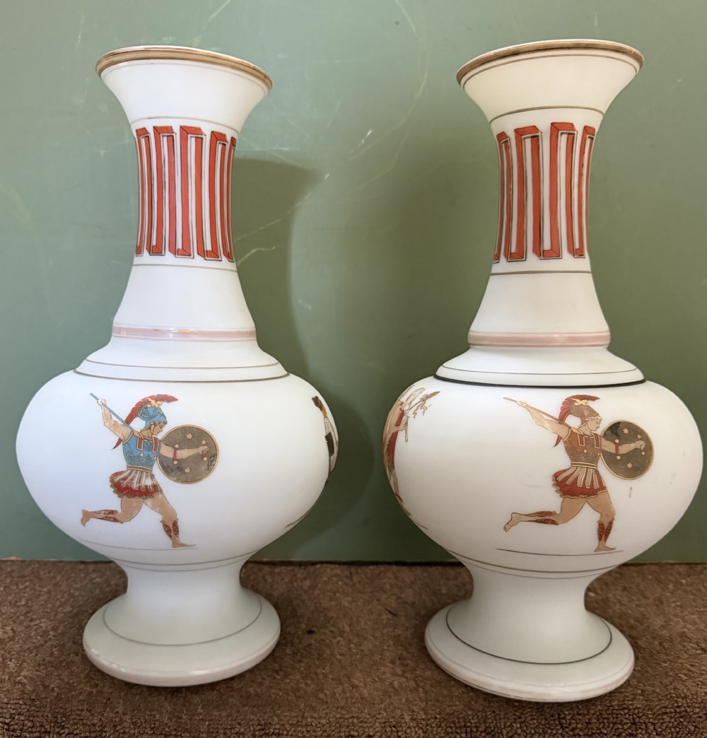 pair of mid c19th classical grecian or etruscan style opaline glass vases with alternating painted figural vignettes around the bodies