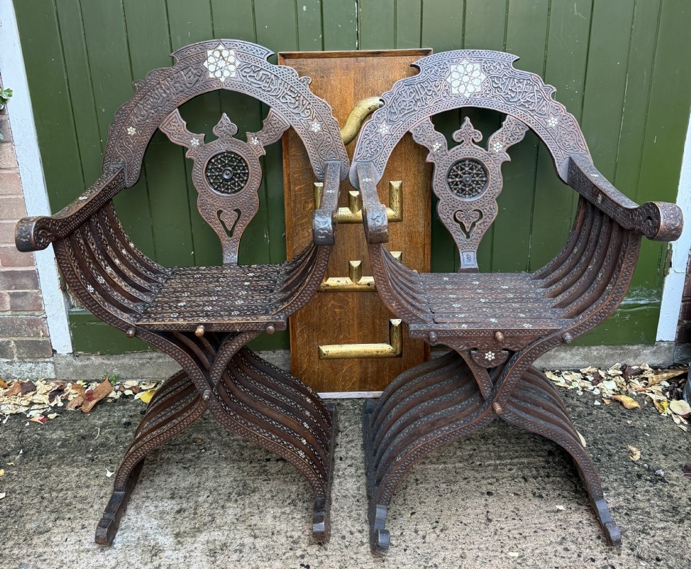 pair of late c19th syrian or middle eastern carved fruitwood or walnut nacreshell inlaid armchairs
