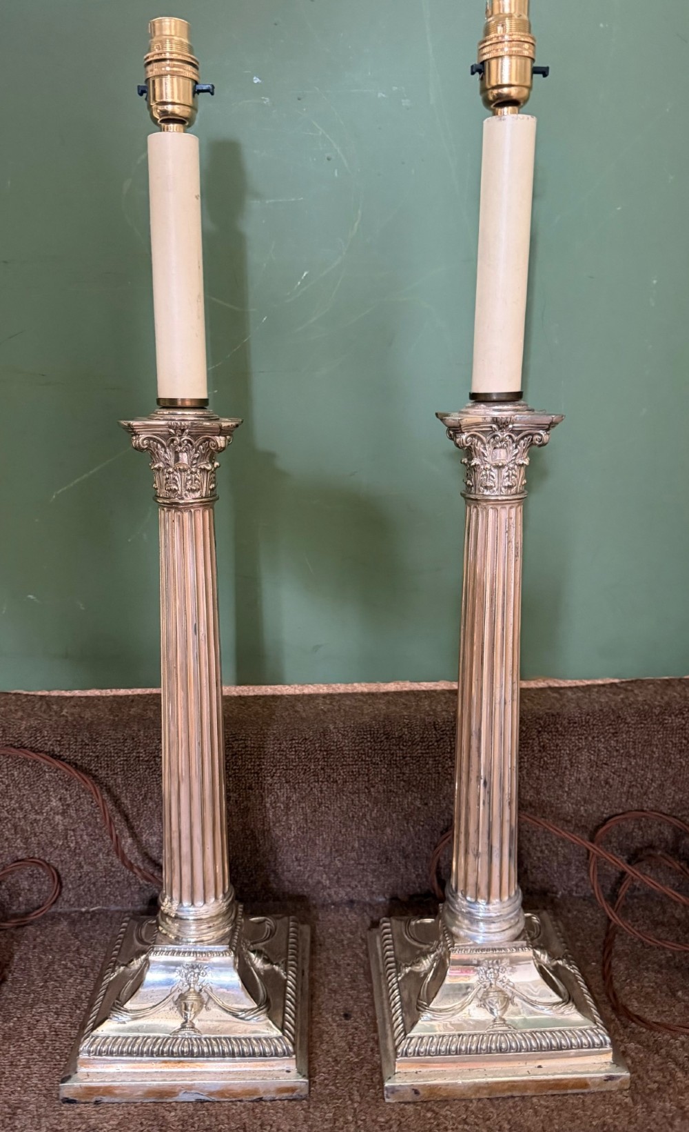 pair of larger scale late c19th early c20th silverplated neoclassical style column table lamps
